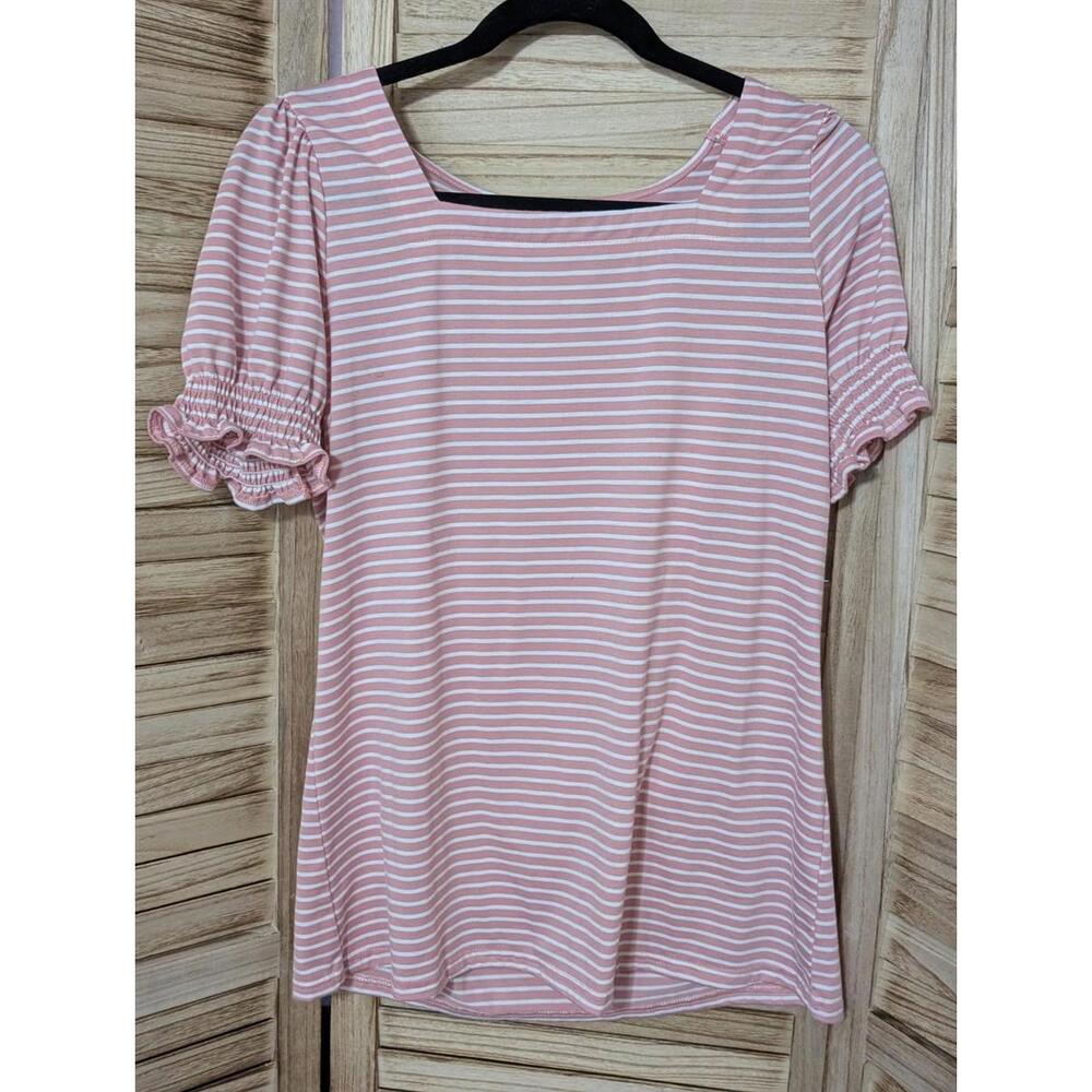 Wiholl Women's Size Medium Pink White Striped Shirt